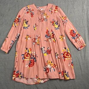 Old Navy‎ Women's  Blush Pink Floral Blous Large Long Sleeve Bow Neck Pleat